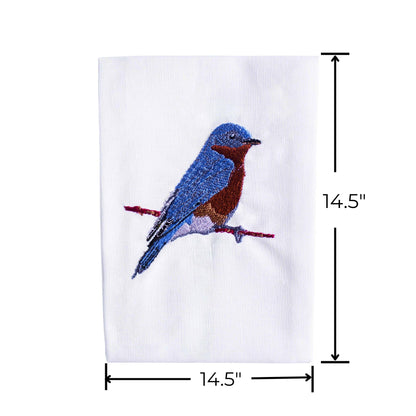 Bluebird embroidered cotton dinner napkin close-up detail