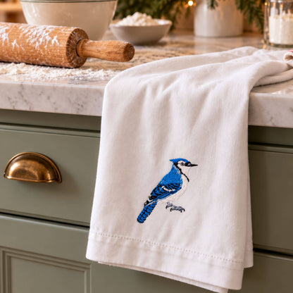 Bluejay bird embroidered cotton tea towel 