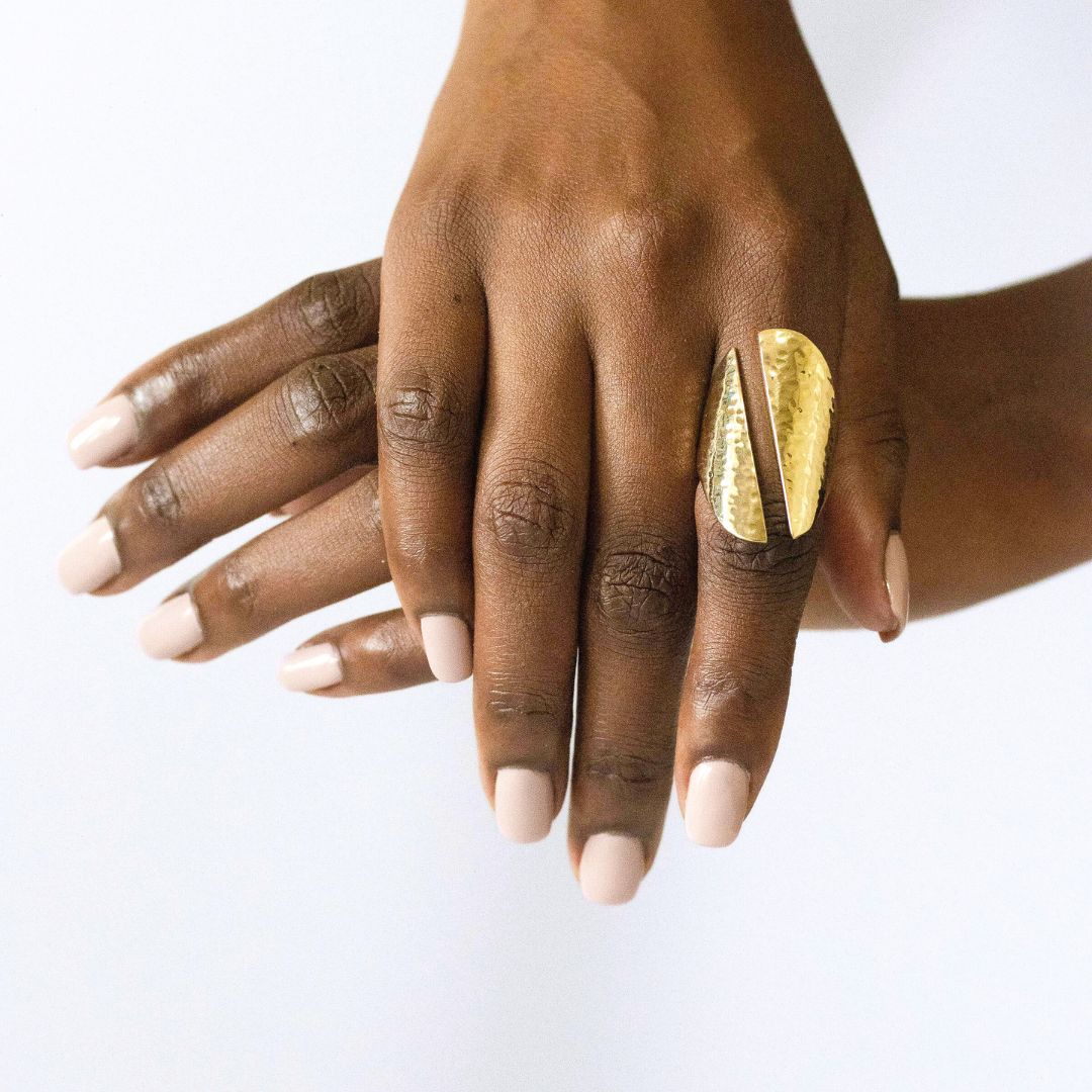 Handcrafted Brass Oval Shield Ring, Hammered Open Brass Ring - Dogo