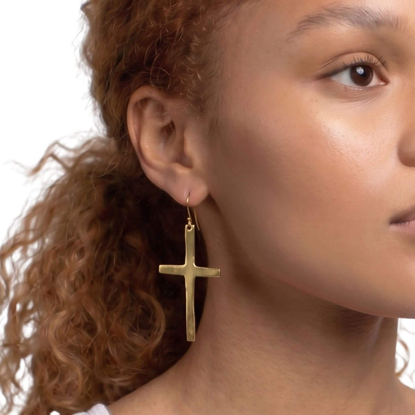 Smooth Brass Cross Drop Earrings | Cross Ecodunia