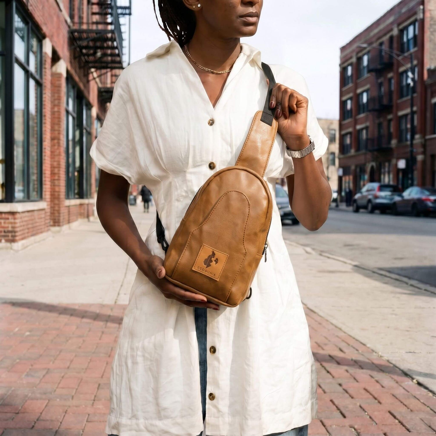 Buru dark tan vegan leather hands-free sling bag 
