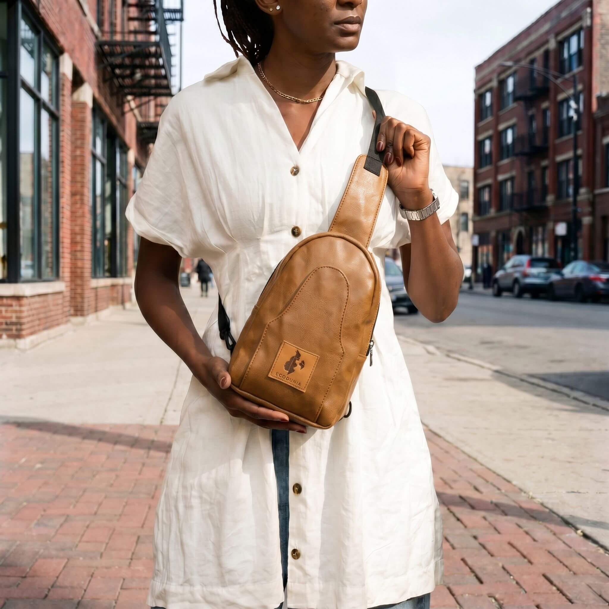 Buru dark tan vegan leather hands-free sling bag 
