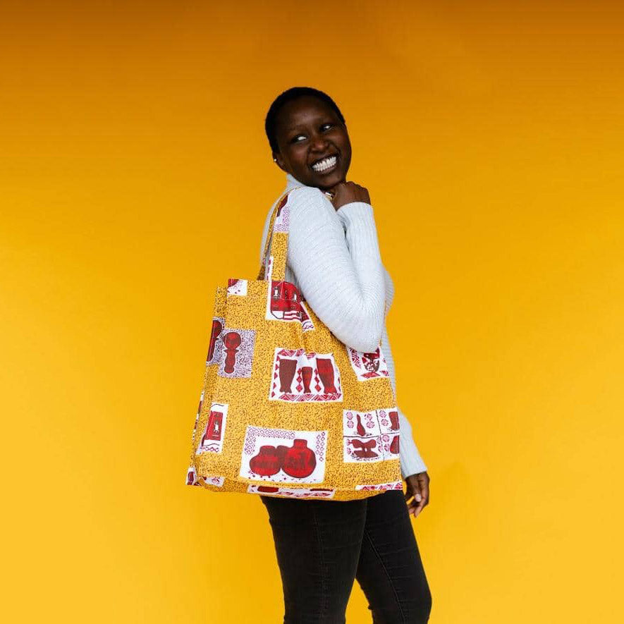 Canvas Beach Tote Bag - Yellow African Print