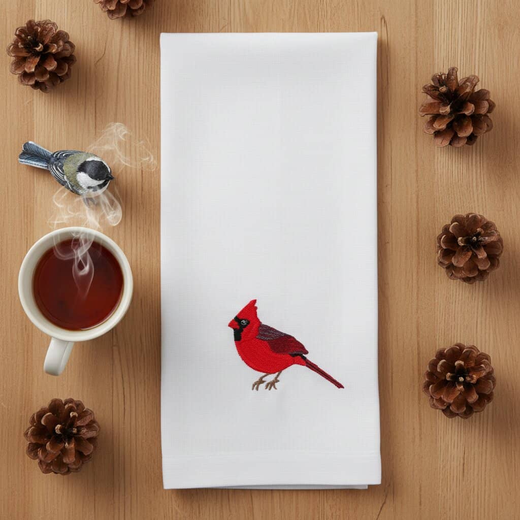 Cardinal embroidered cotton tea towel 