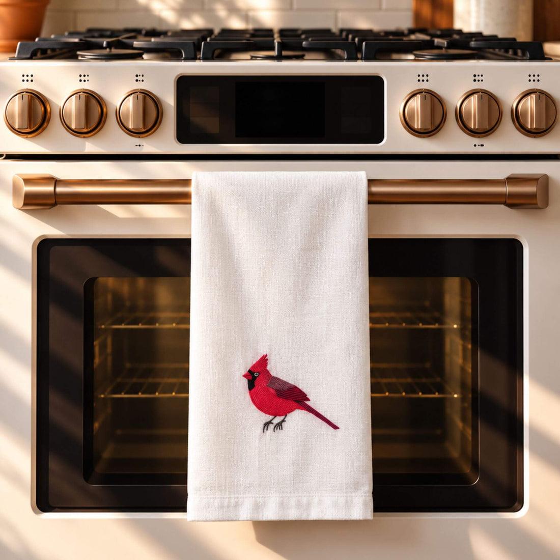 Cardinal embroidered cotton tea towel - EcoDunia 