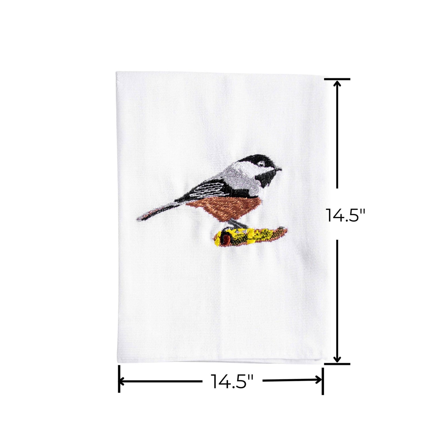 Bird embroidered cotton kitchen napkin close-up on white