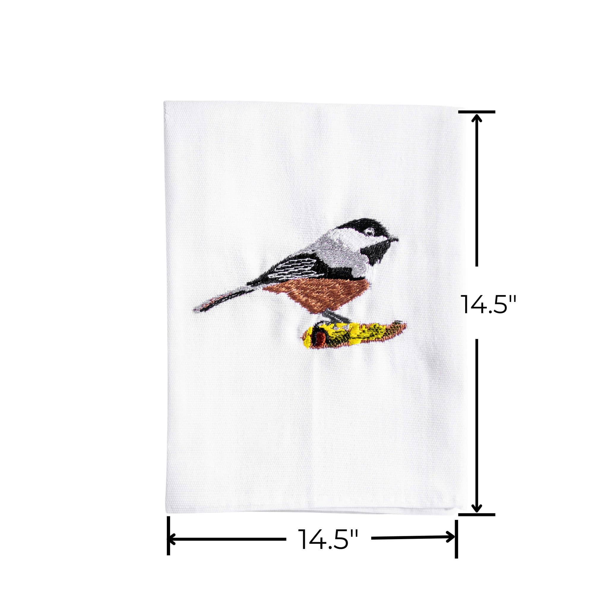 Bird embroidered cotton kitchen napkin close-up on white
