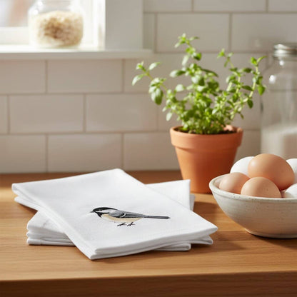 Cotton Kitchen Tea Towels with Bird Embroidery 