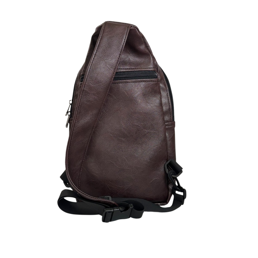 Umoja plum vegan leather compact sling bag worn 