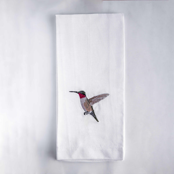 Humming bird embroidered cotton tea towel flat lay on white surface — Ecodunia #birds_humming-bird