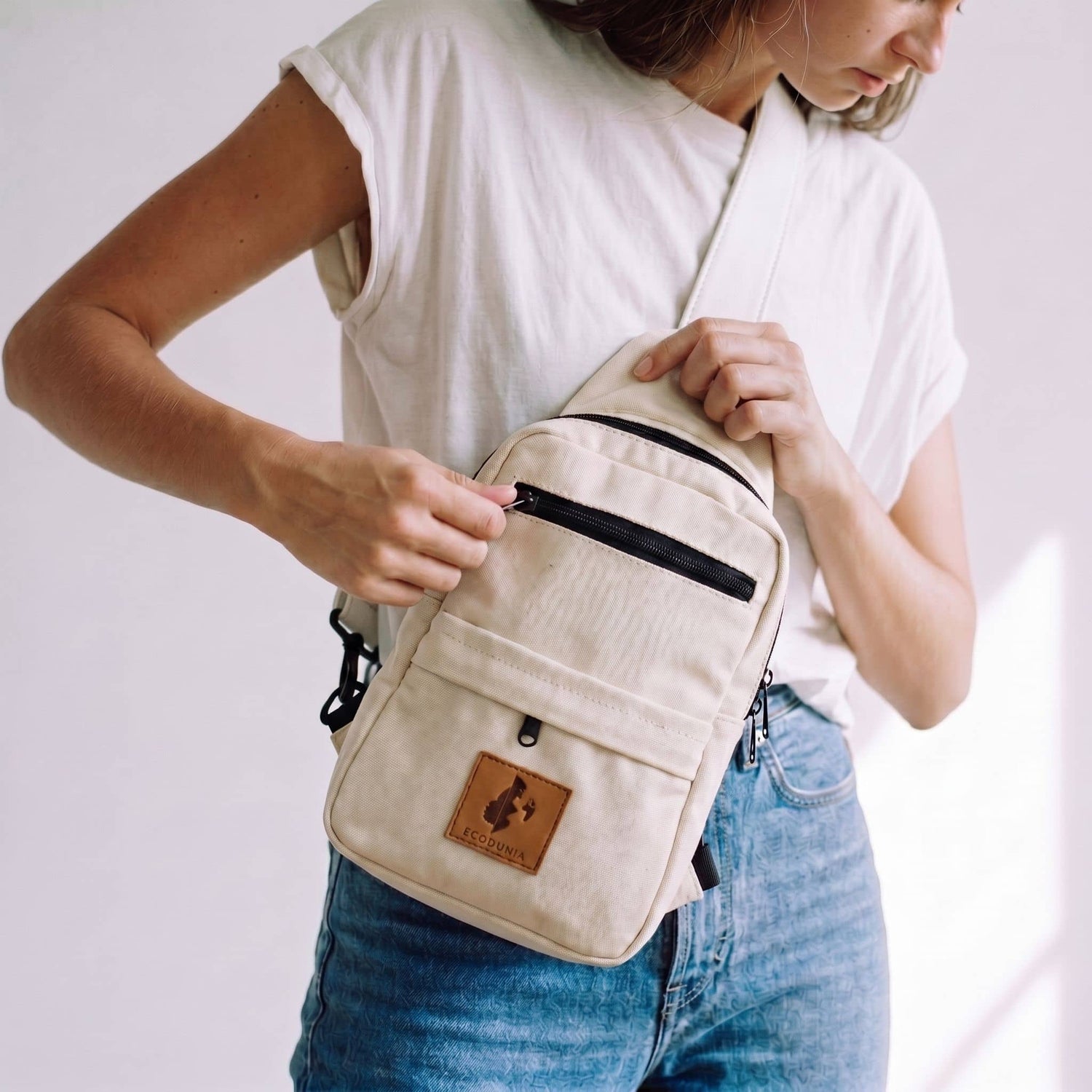 Umoja cream vegan leather men crossbody sling bag 