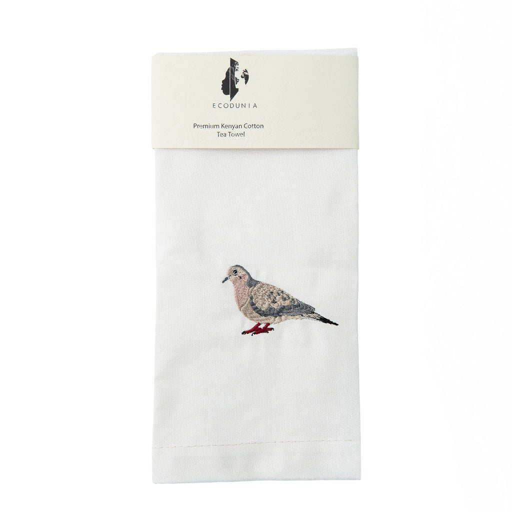 Robin embroidered cotton kitchen tea towel on white background