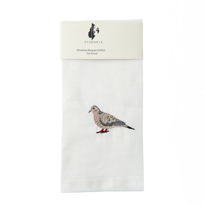 Robin embroidered cotton kitchen tea towel on white background