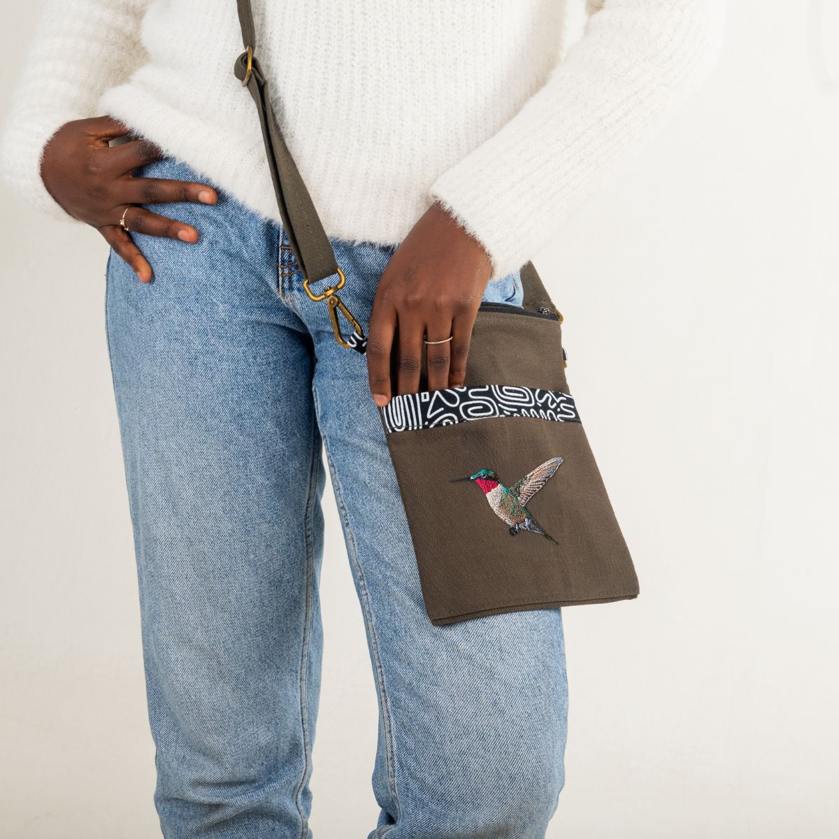 Hummingbird Embroidered Canvas Crossbody Bag | Essentials