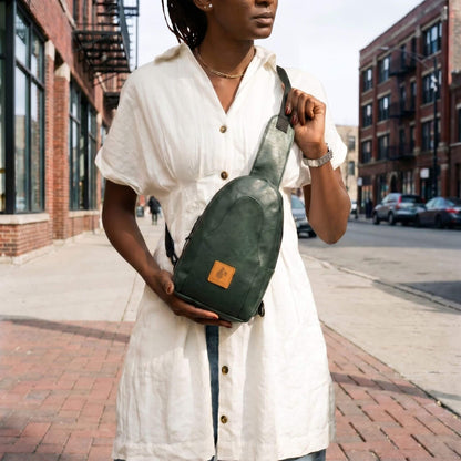 Buru forest green vegan leather sling bag crossbody wear 