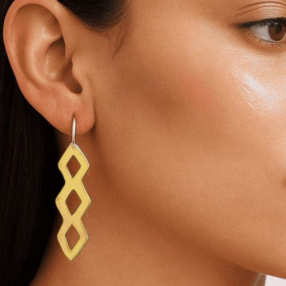 Long Geometric Hook Earrings in Brass for Women - Chaka