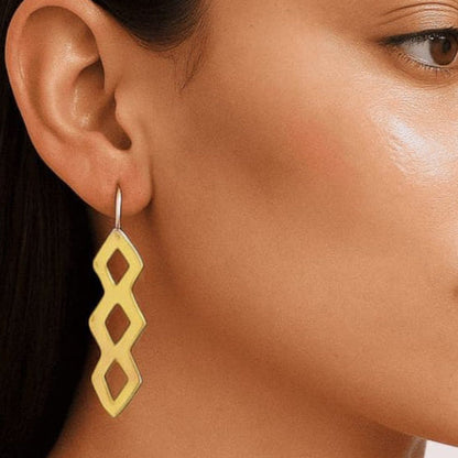 Long Geometric Hook Earrings in Brass for Women - Chaka