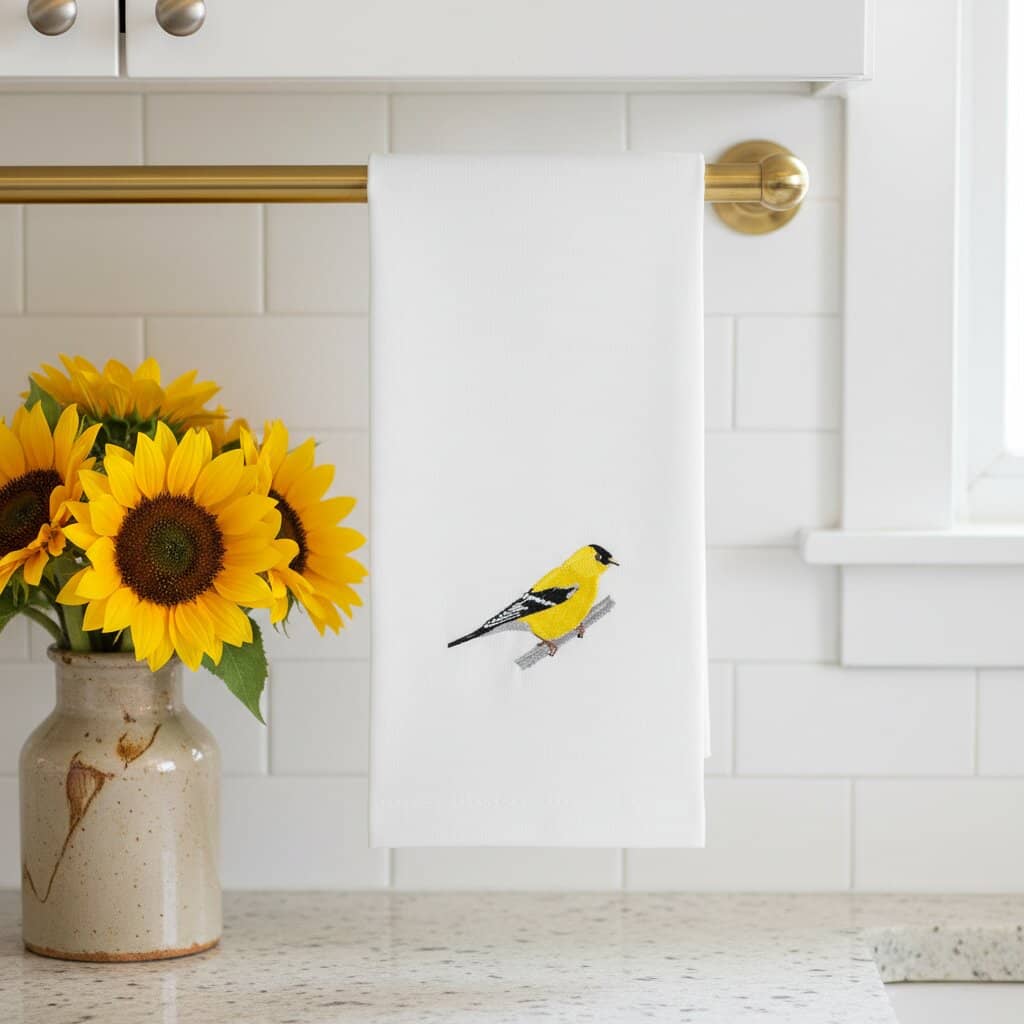 Cotton Kitchen Tea Towels with Bird Embroidery 
