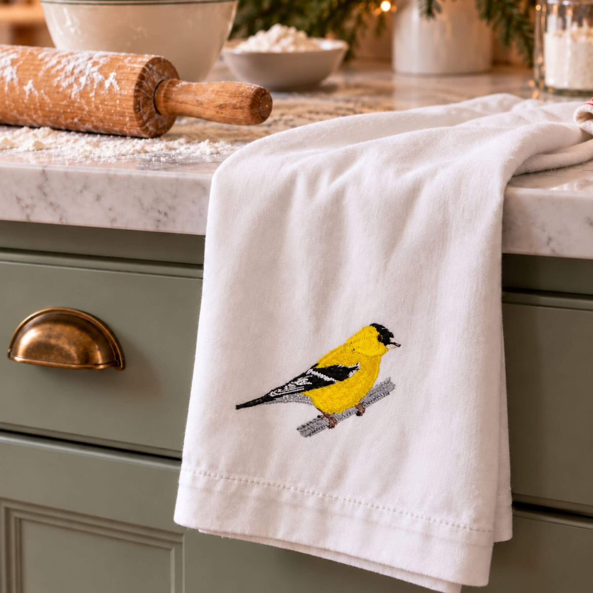 Goldfinch Bird Embroidered Cotton Kitchen Tea Towel EcoDunia 