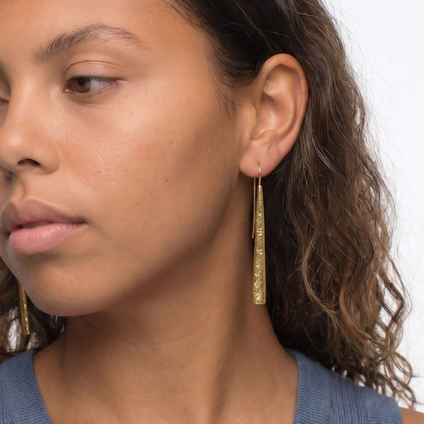 Long Bar Brass Drop Earrings for Women | Moja #design_hammered