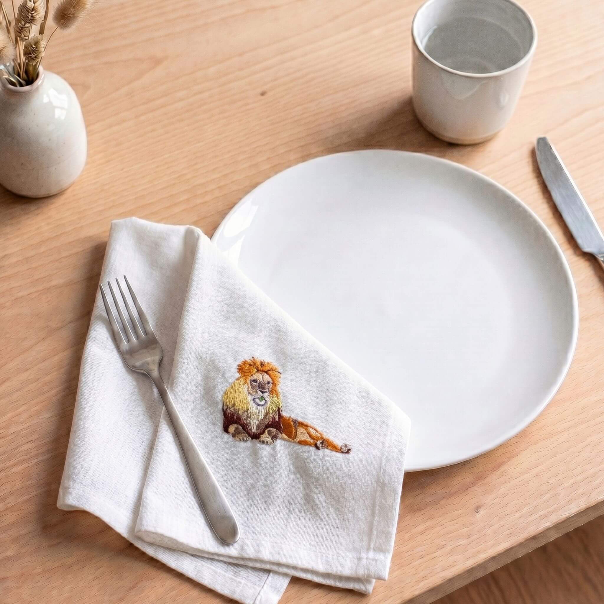 African Wildlife Embroidered Cotton Napkins - Handmade 