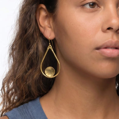 Open Teardrop with Disc Brass Earrings | Shani Ecodunia
