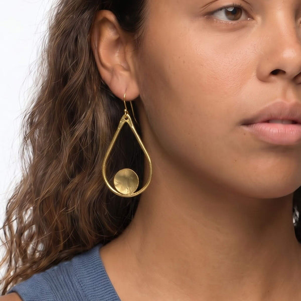 Open Teardrop with Disc Brass Earrings | Shani Ecodunia
