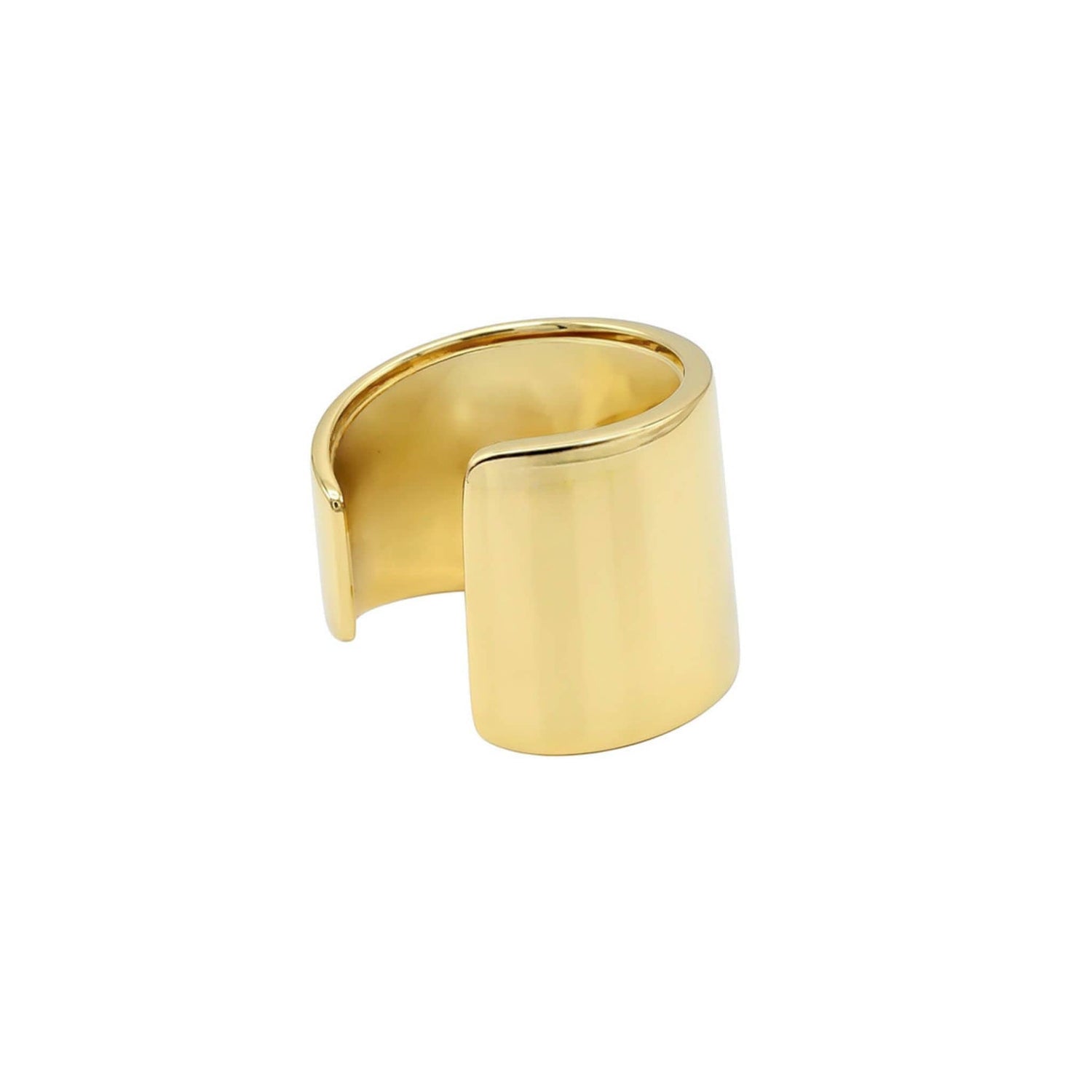 Penda brass wide band ring worn on hand showing open back cuff design
