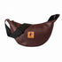 Purple mini vegan leather crescent bag worn crossbody, Open crescent bag showing kitenge lining, Crescent bag dimensions 11 x 6 x 4 inches- - EcoDunia 