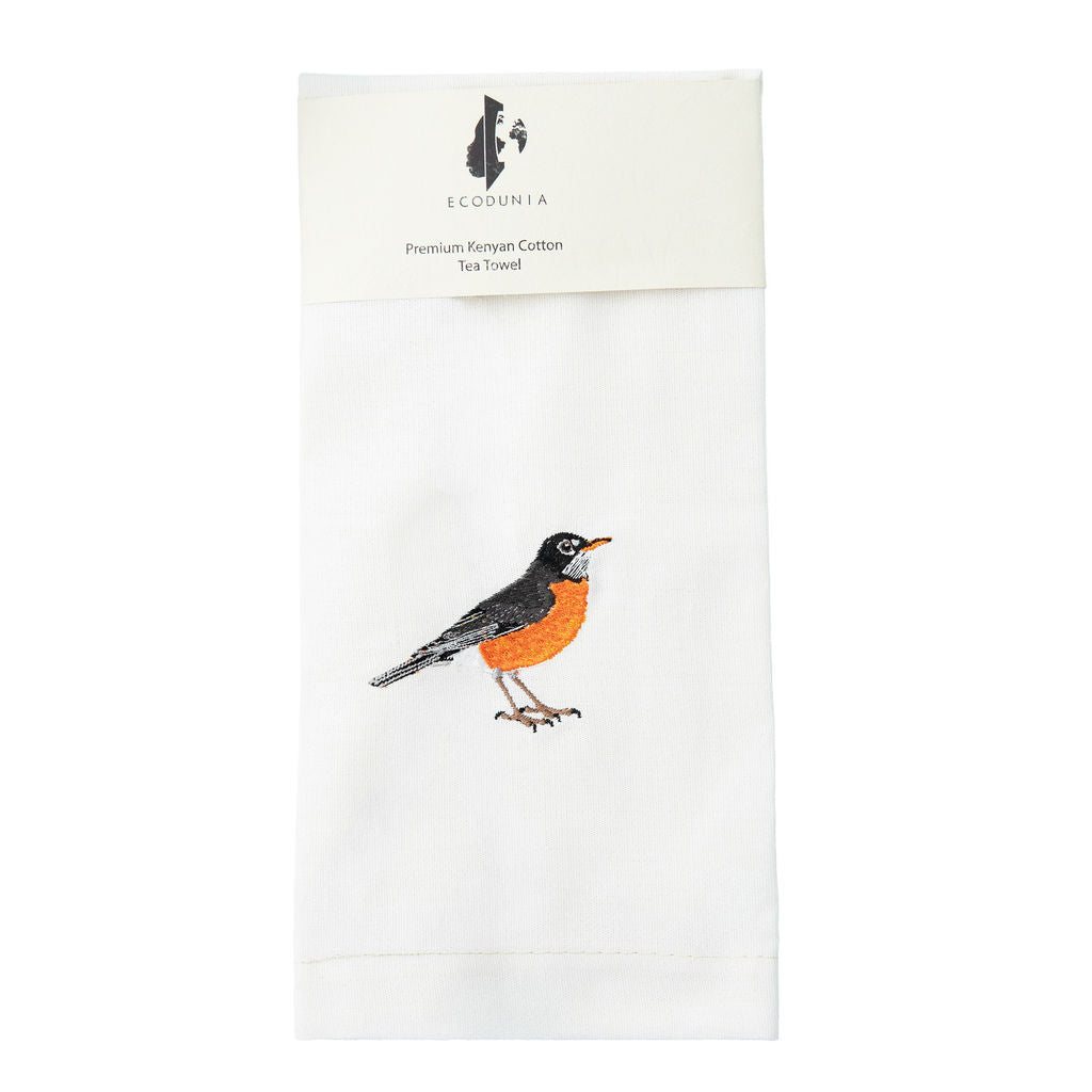 Bluejay embroidered cotton kitchen tea towel flat lay
