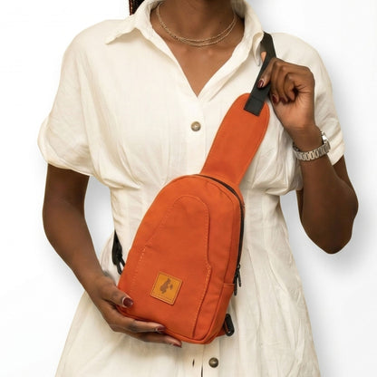 Buru canvas sling bag in rust — sustainable handmade crossbody 