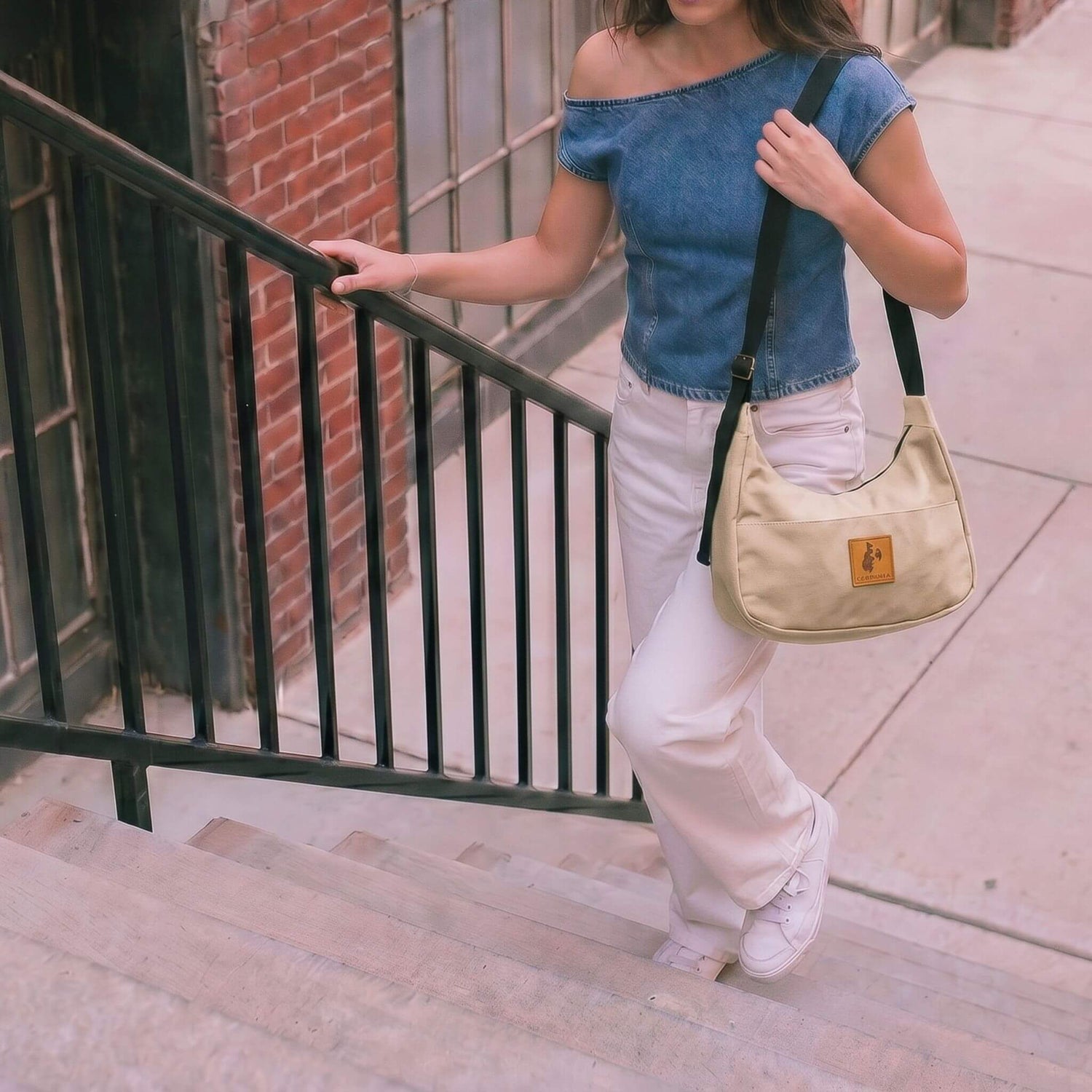 Sand white Canvas Shoulder Crescent Bag 