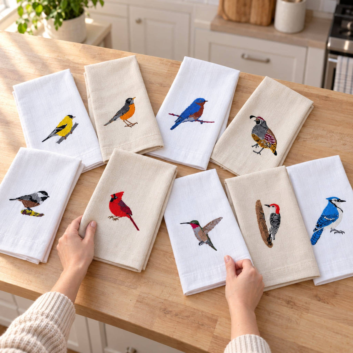 Bird Embroidered Cotton Tea Towels - Handmade Kitchen Gift