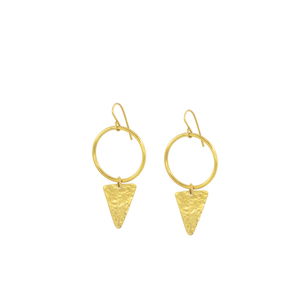 Wema brass hoop and triangle pendant earrings flat lay showing two elements