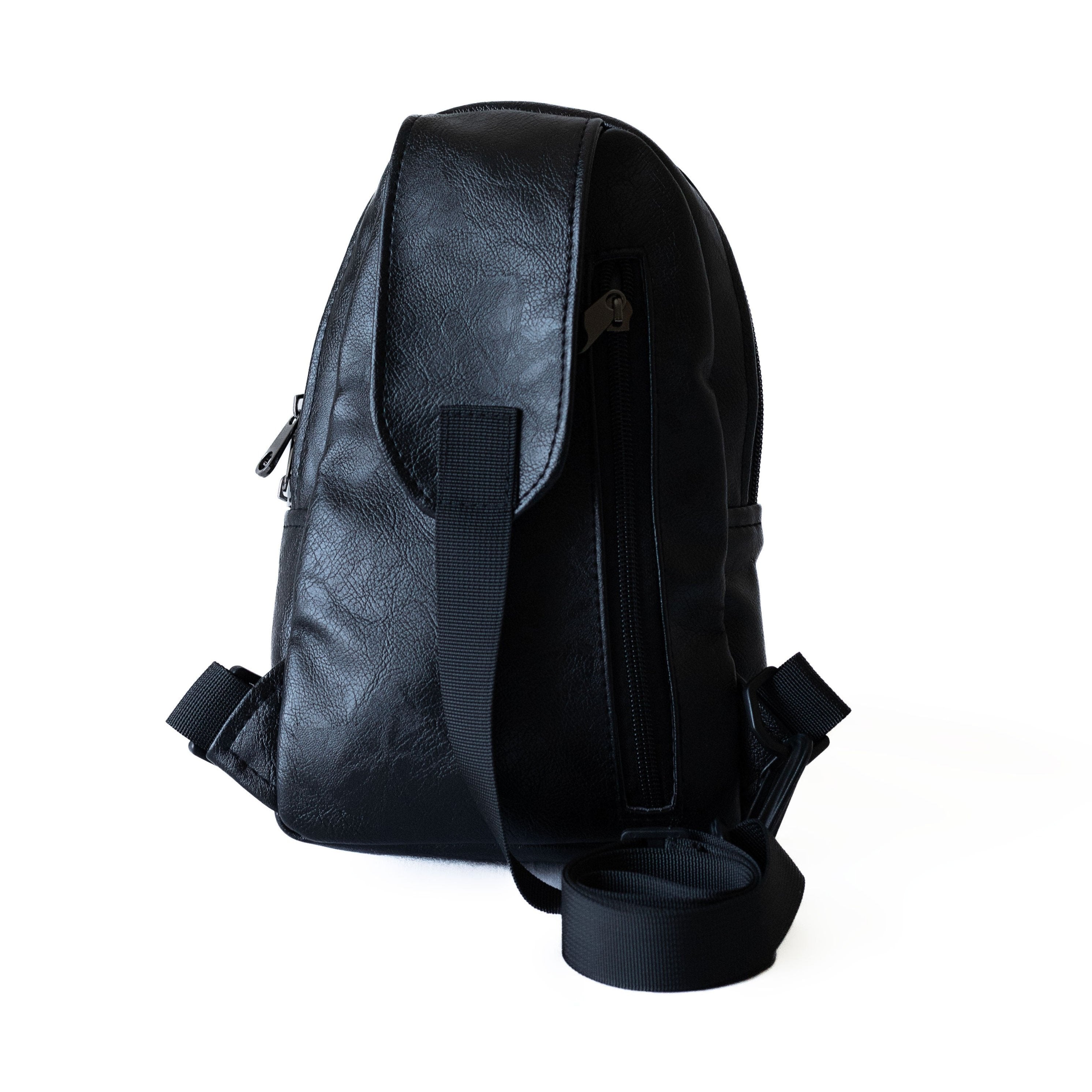 Buru black vegan leather women sling bag worn 