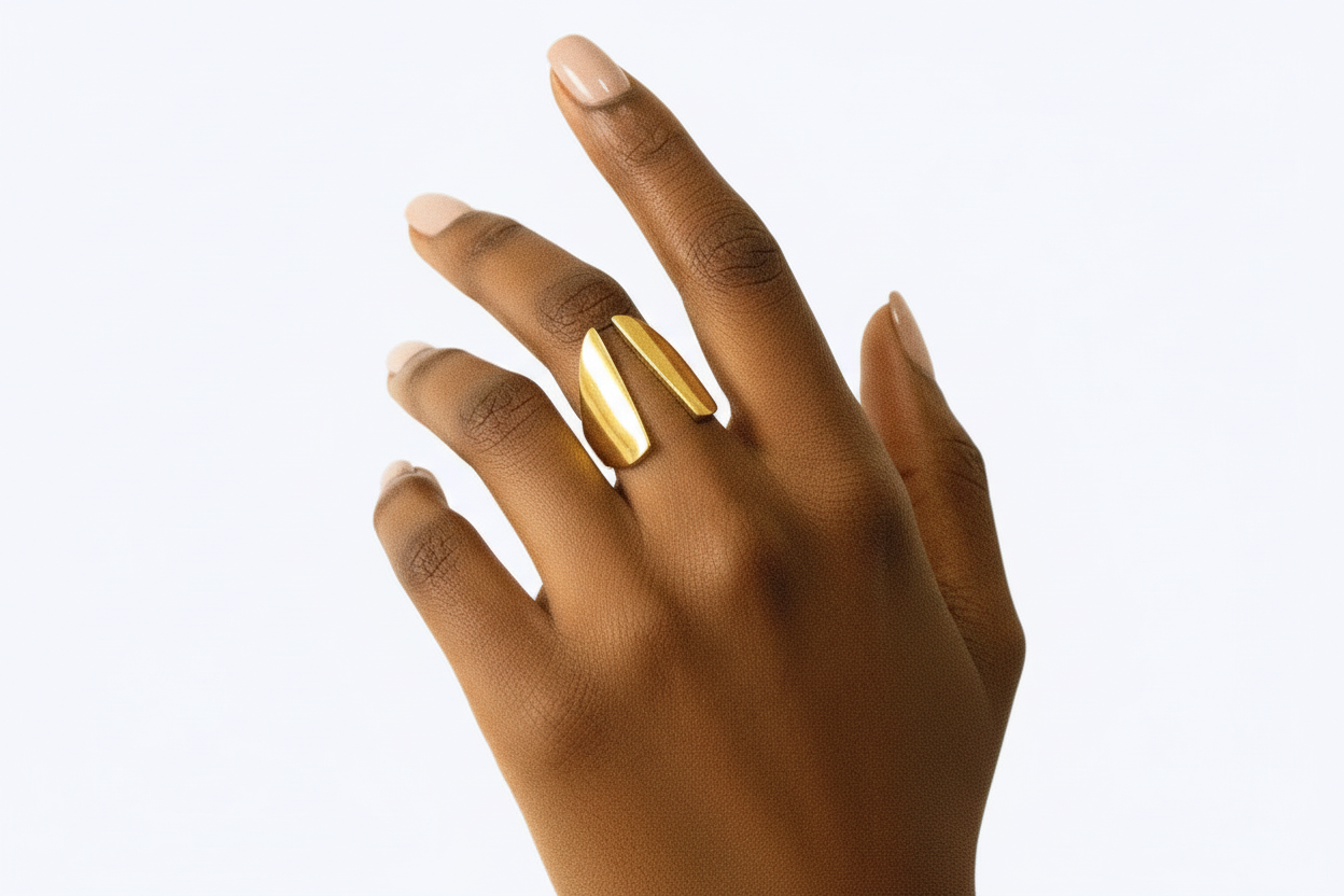 Brass Open Modern Ring on finger with white background