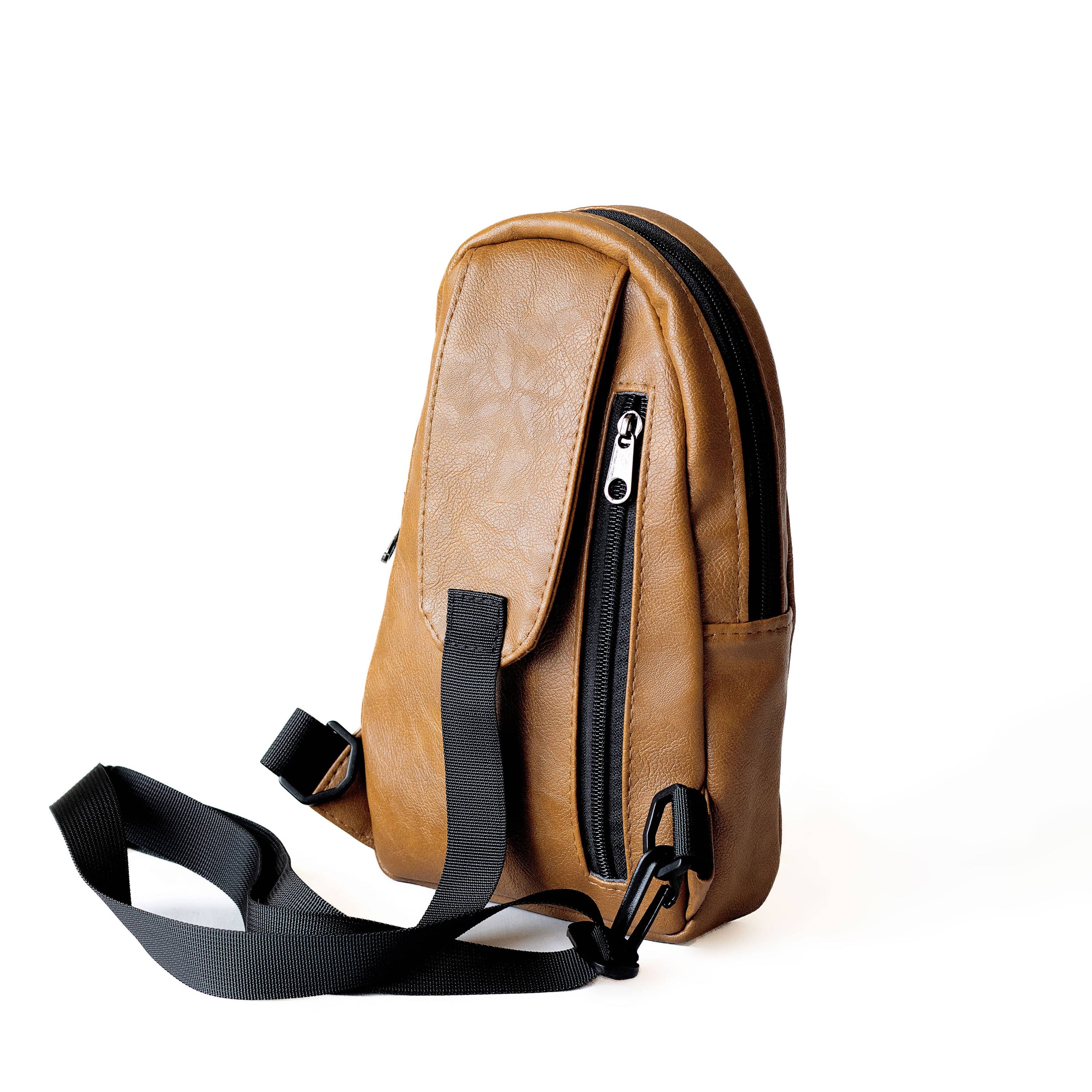 Buru dark tan vegan leather hands-free sling bag 