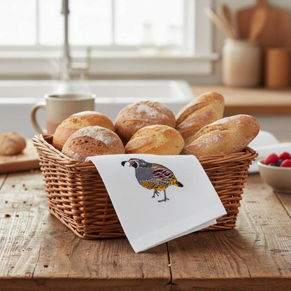 Hummingbird embroidered cotton tea towel flat lay on white surface - Ecodunia 