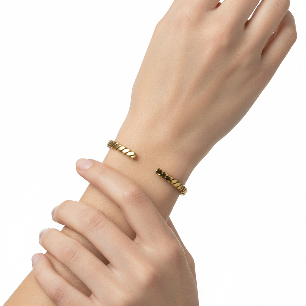 White model wearing Dona Wide Open Cuff Twist Bracelet